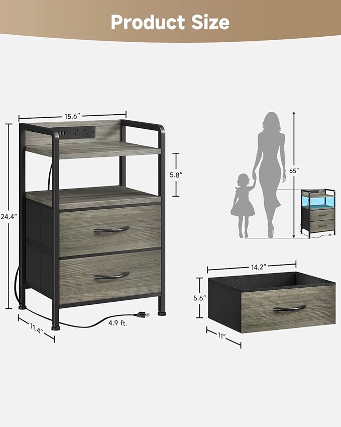 Night Stand Bedside Charger Bedroom - Grey Nightstand with Charging Station & LED Light Strip, Morden End Table with USB Ports & AC Outlets, Night Stand with Storage Shelf & 2 Fabric Drawers