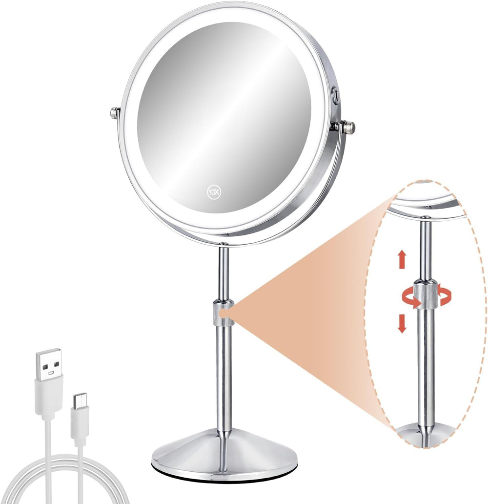 8" Tall Lighted 1X/10X Magnifying Makeup Mirror, Adjustable Height