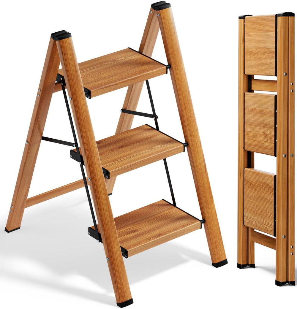 SOLADDER Step Ladder, Folding Step Stool, Lightweight Stepladder, 3 Step, Woo...