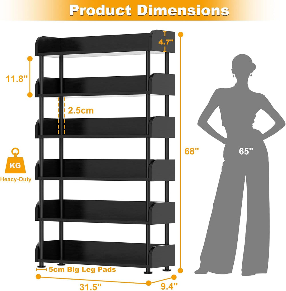 Aheaplus 6-Tier Tall Open Bookshelf, 31.5" Modern Display Bookcase, Black