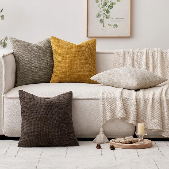 MIULEE Decorative Chenille Fall Pillow Covers Gold Brown 18x18 Pack of 4