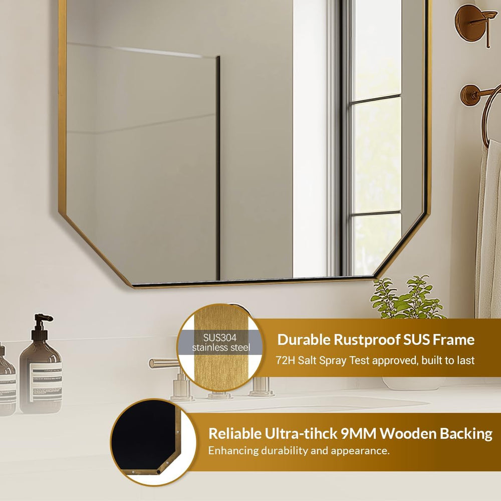 ANDY STAR Gold Octagon Bathroom Mirror, 22x30 Inch Stainless Steel Metal Fram...