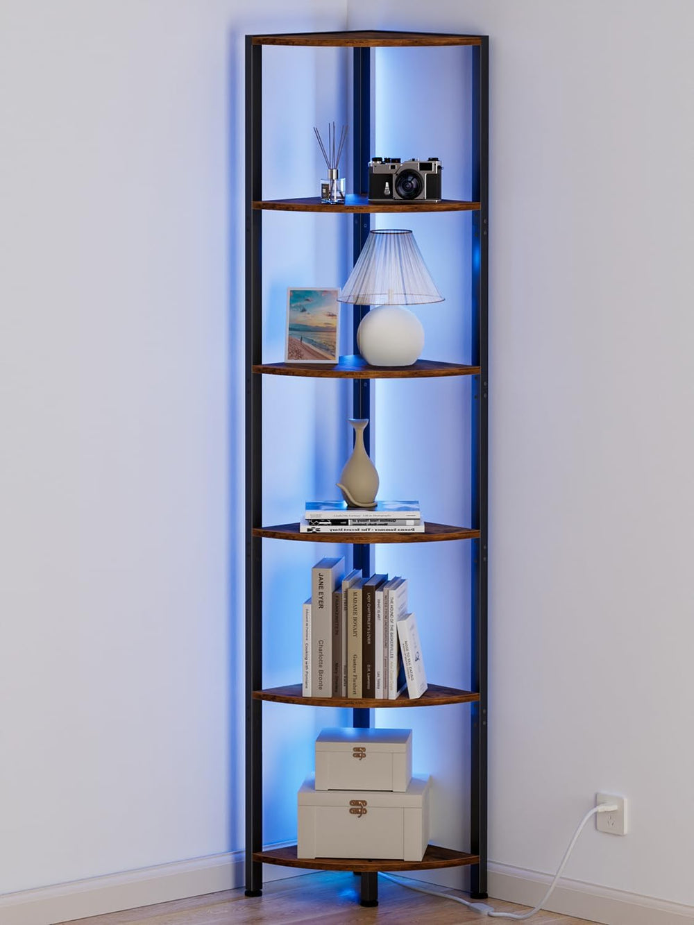 Furnulem 6 Tier Corner Shelf with LED Light, 67.5" Corner Narrow Bookshelf