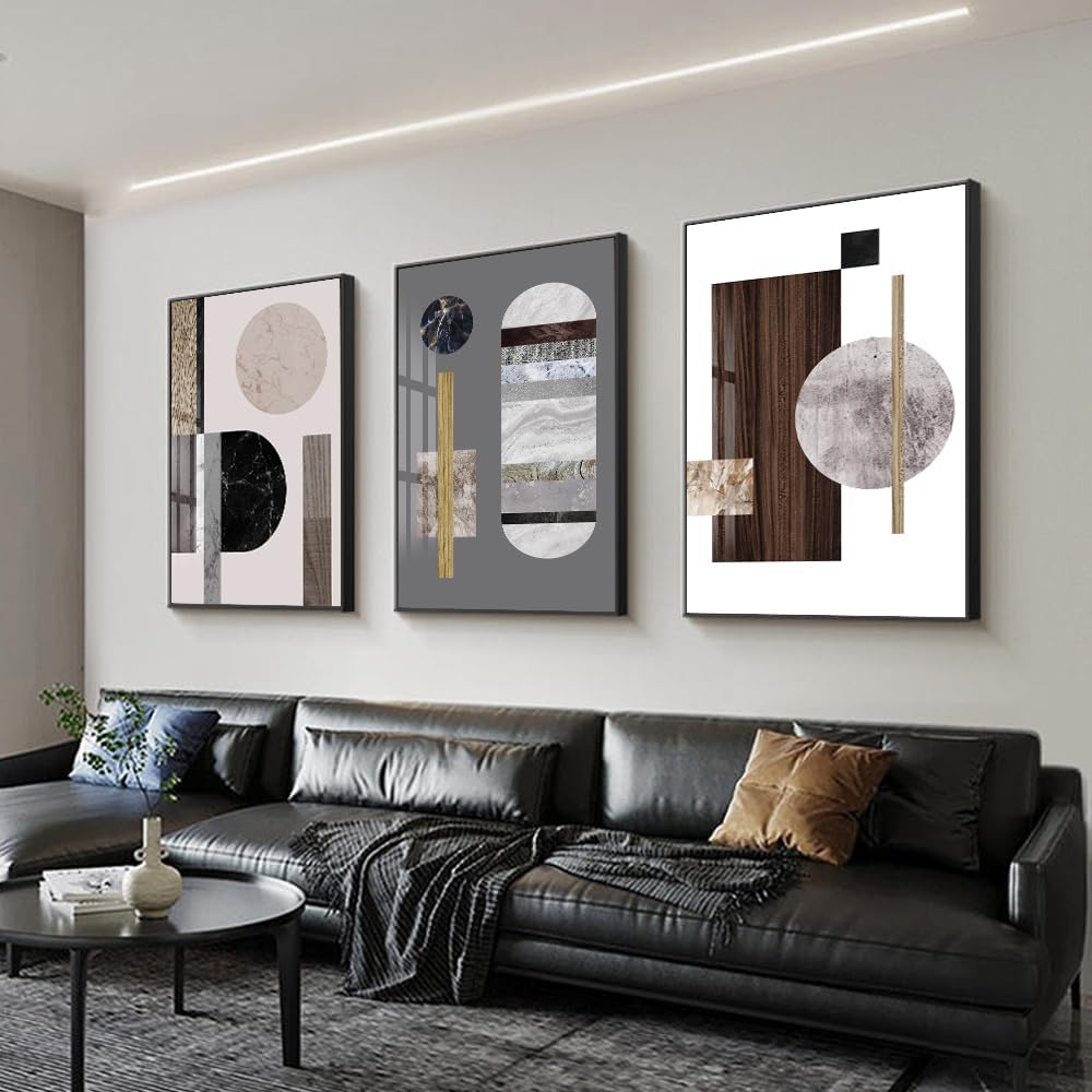 QKF 3Pcs Marble Wood Grain Geometric Crystal Framed Canvas Wall Art Decor