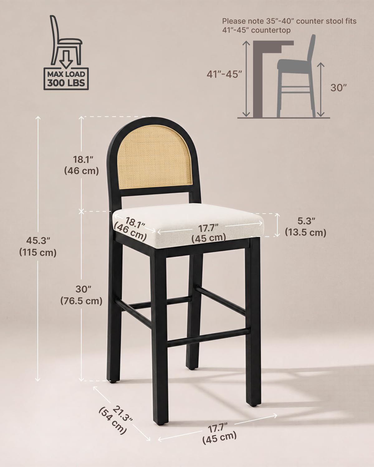 KISLOT Upholstered Rattan Bar Stools, 30'' Bar Height, Set of 2, Black