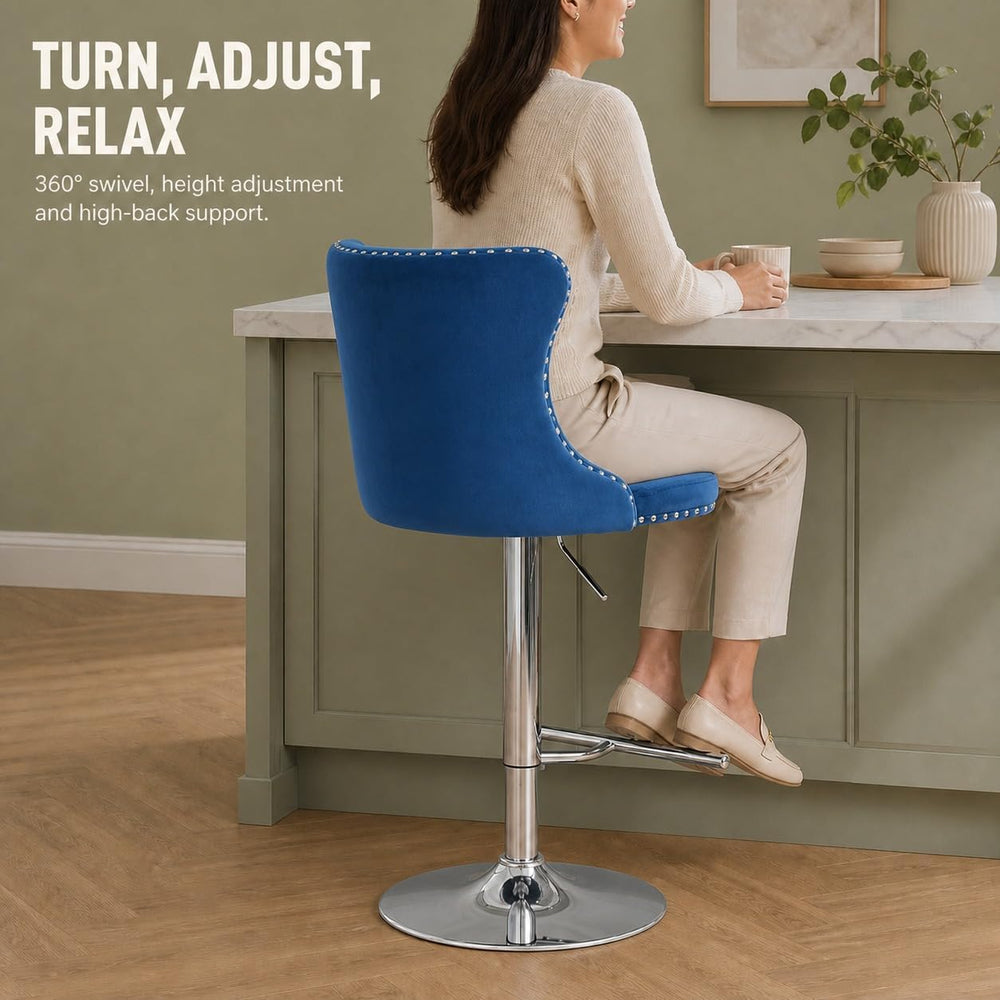 Swivel Counter Height Bar Stools Set of 4, Navy Kitchen Island Barstools, Vel...