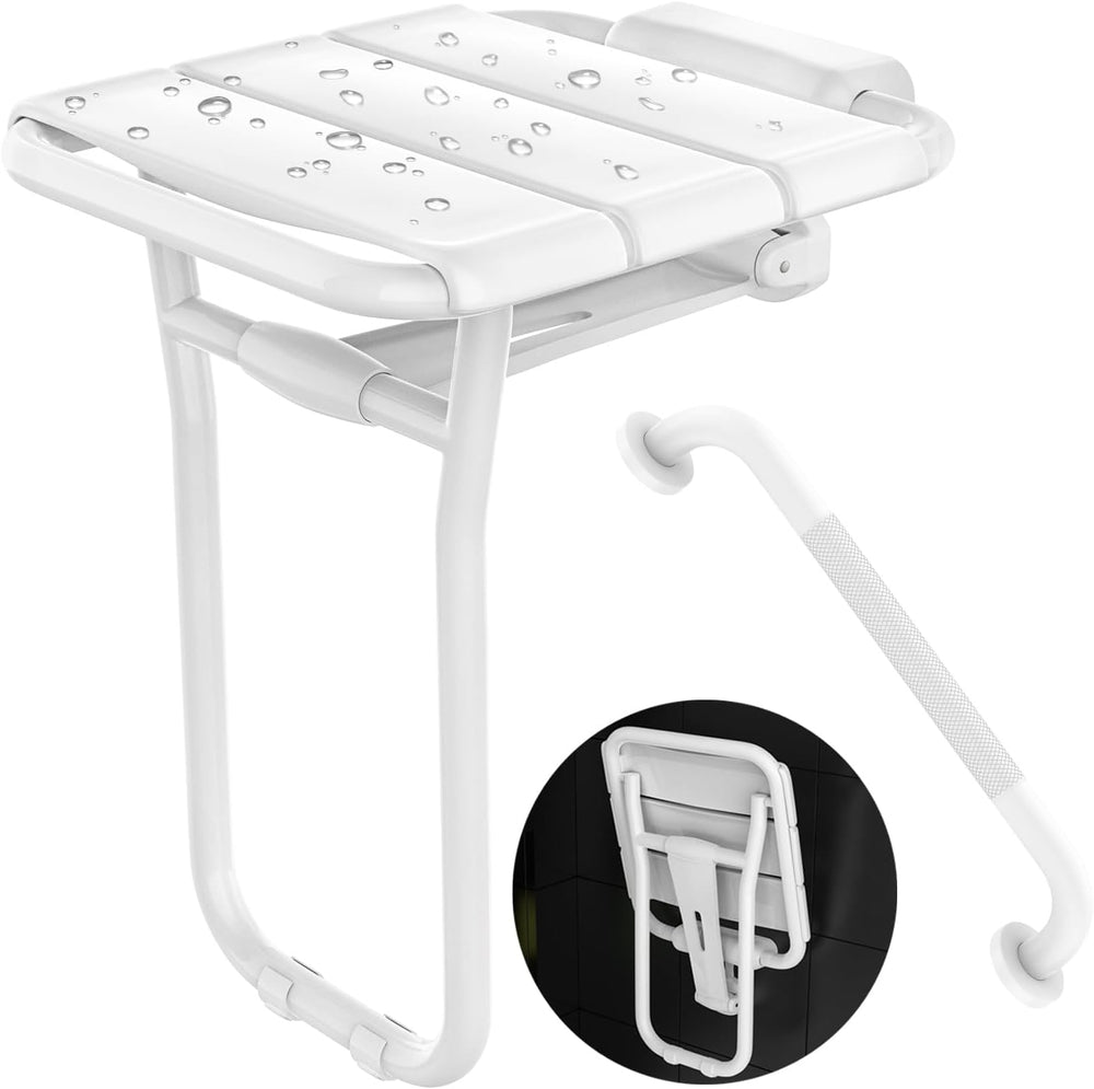 14x16 Folding Shower Seat w/ 16" Grab Bar for Inside Shower Bathtub, White
