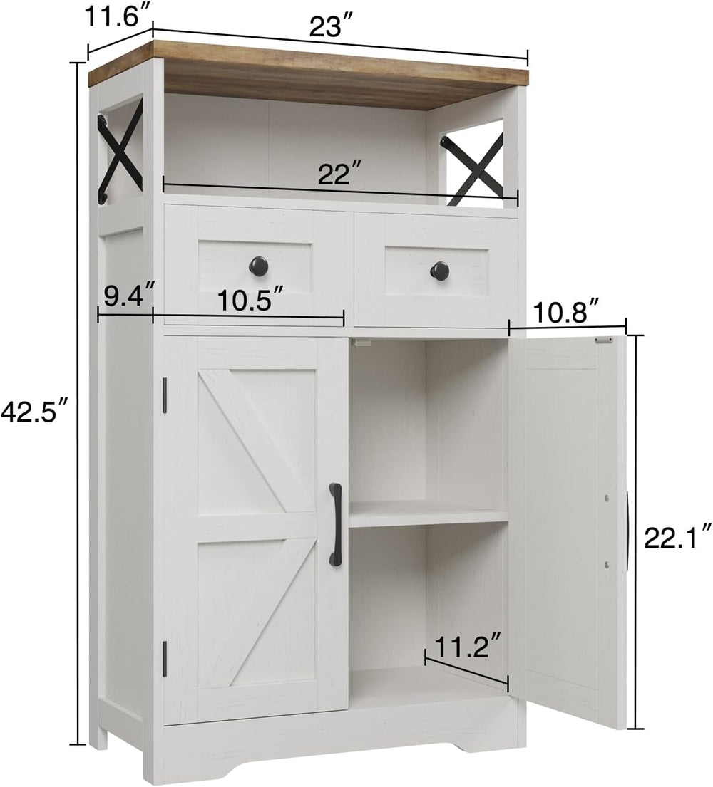 White Farmhouse Storage Cabinet with Doors and Drawers, Small Pantry Hutch
