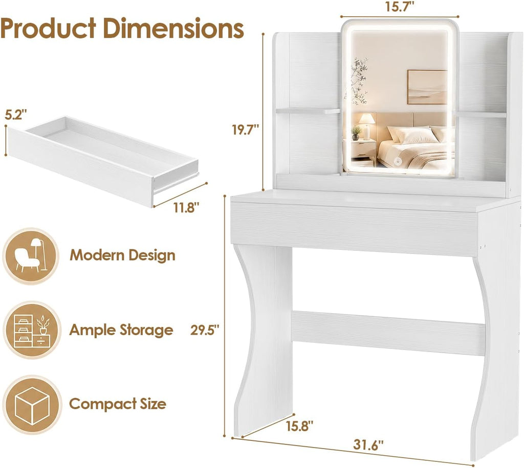 White Small Vanity Desk with Mirror and 3 Adjustable Light Modes | Dimmable Lighting, Multi Storage Area, Quick Assembly, CARB P2 Certified Material