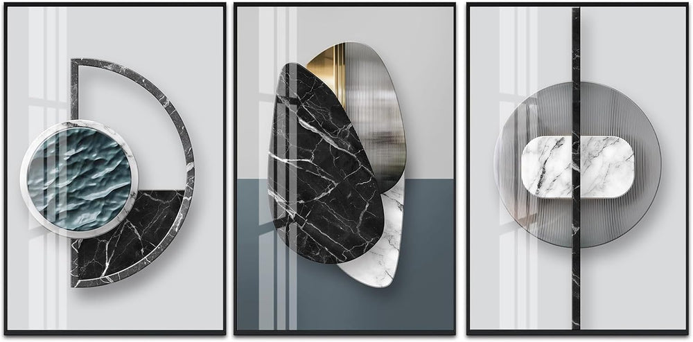 QKF 3Pcs Abstract Marble Geometric Crystal Surface Framed Canvas Wall Art