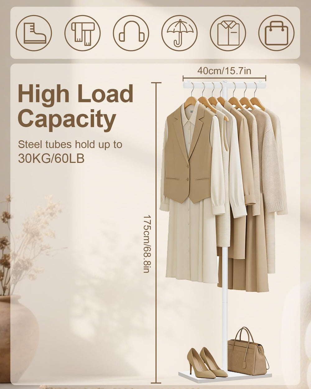 T-shaped Coat Rack Freestanding, Metal Hanger, White, 68.9 In High
