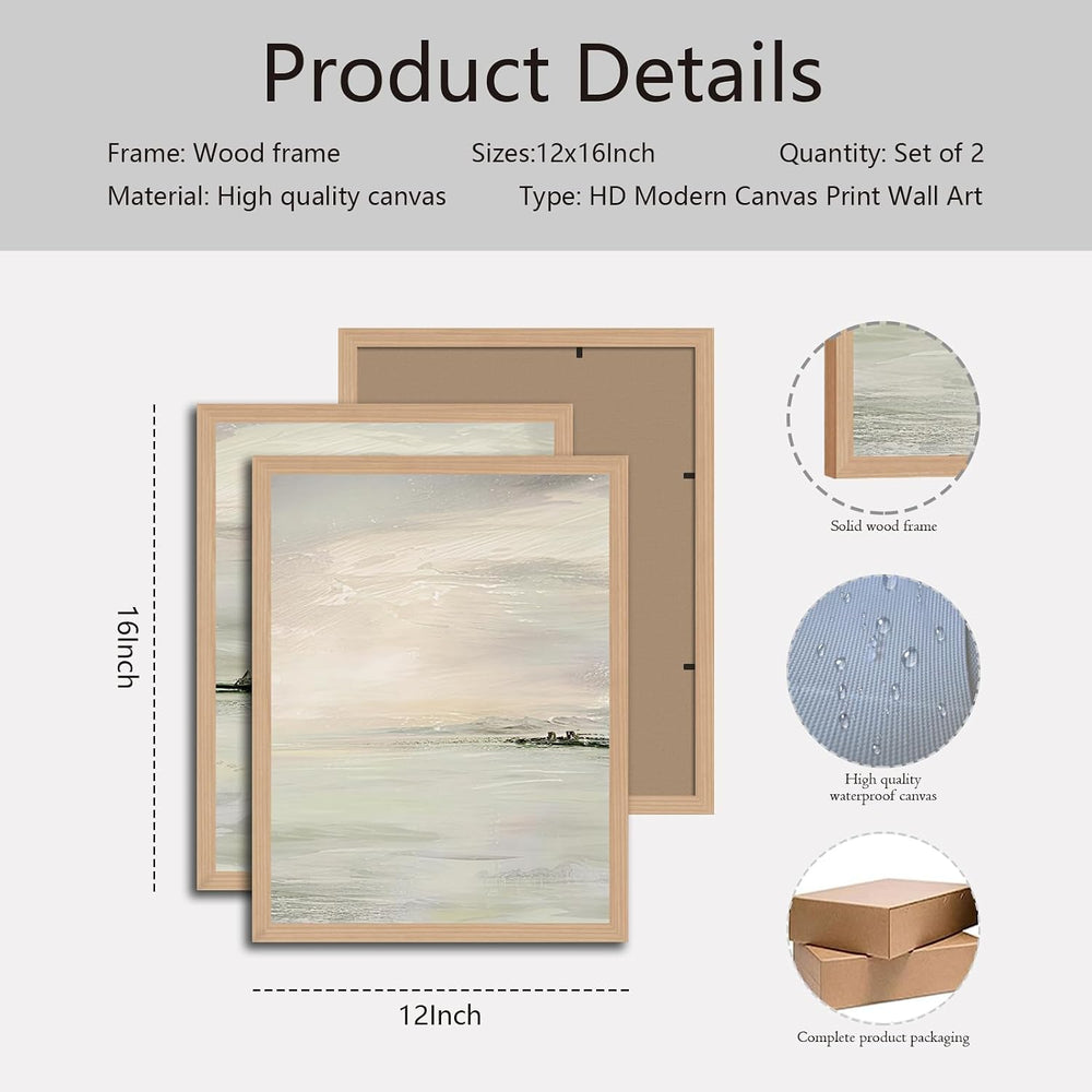 2pcs Framed Sage Green Abstract Wall Art Neutral Lake View