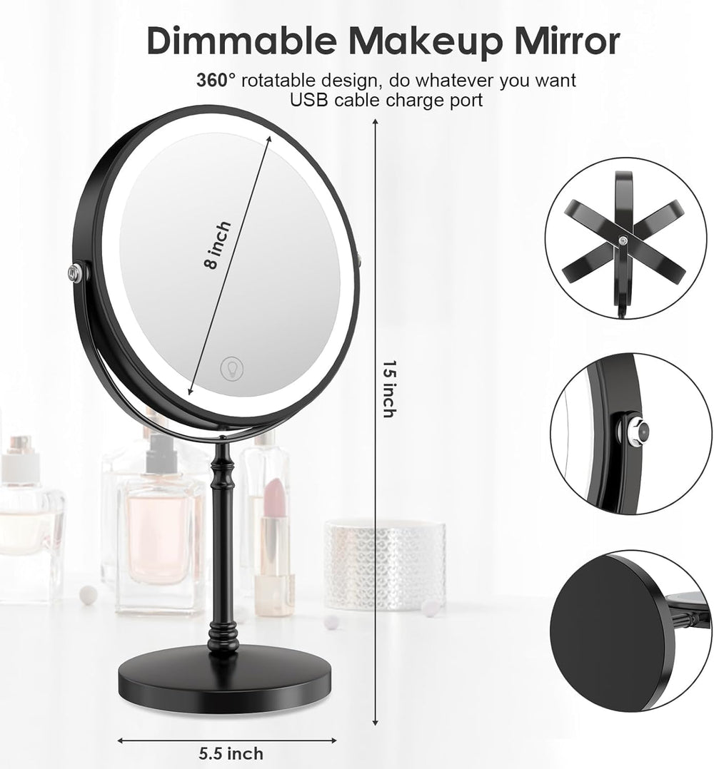 DEIOVWXS Makeup Mirror, Rechargeable Vanity Mirror with 3 Lights, 1X/10X