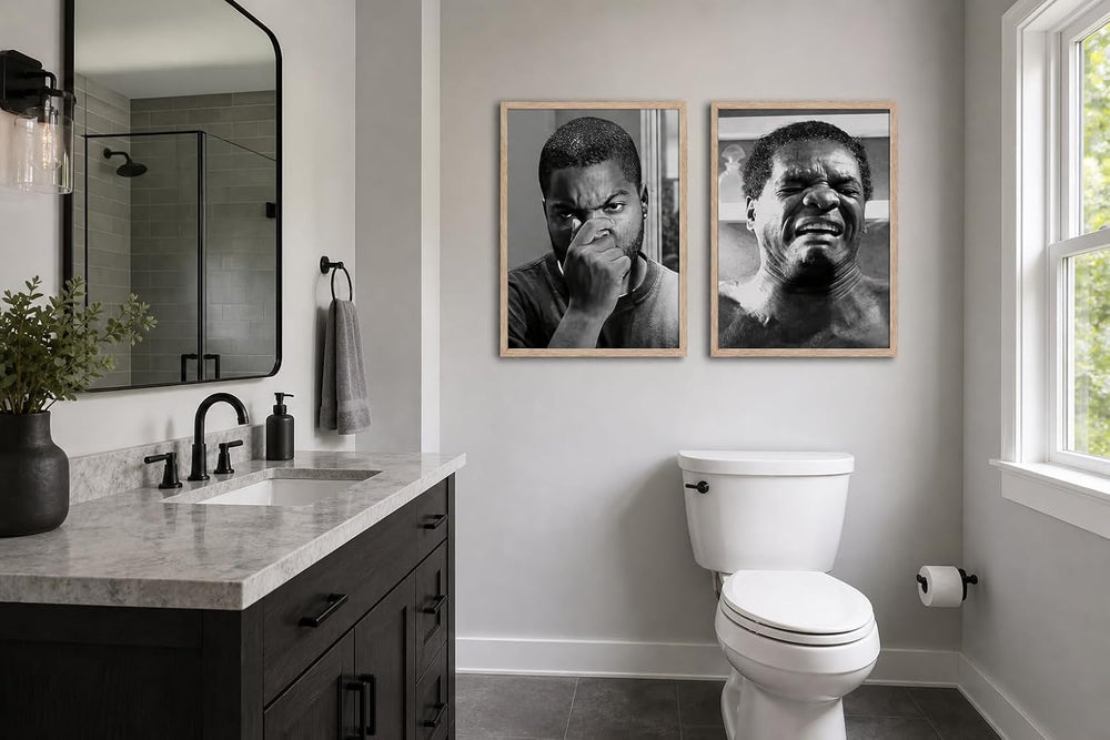 Framed Funny Bathroom Wall Art Black and White Canvas Art Prints Set of 2
