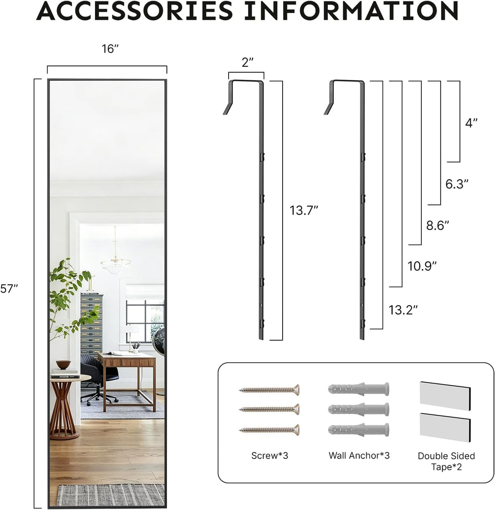 Kosmonia 57x16 Inch Full Length Mirror Over the Door Black Full Body Mirror