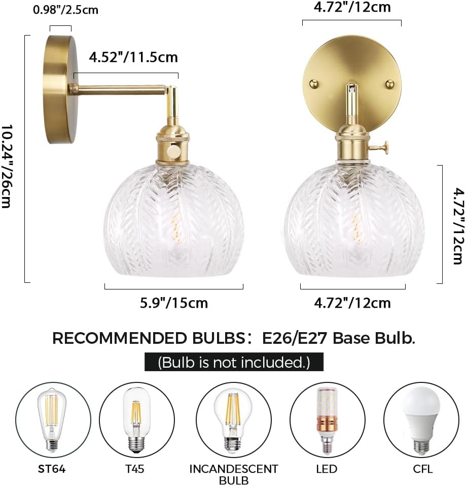 Cerdeco Vintage Indoor Wall Sconce, Transparent Leaf Glass, Gold Base