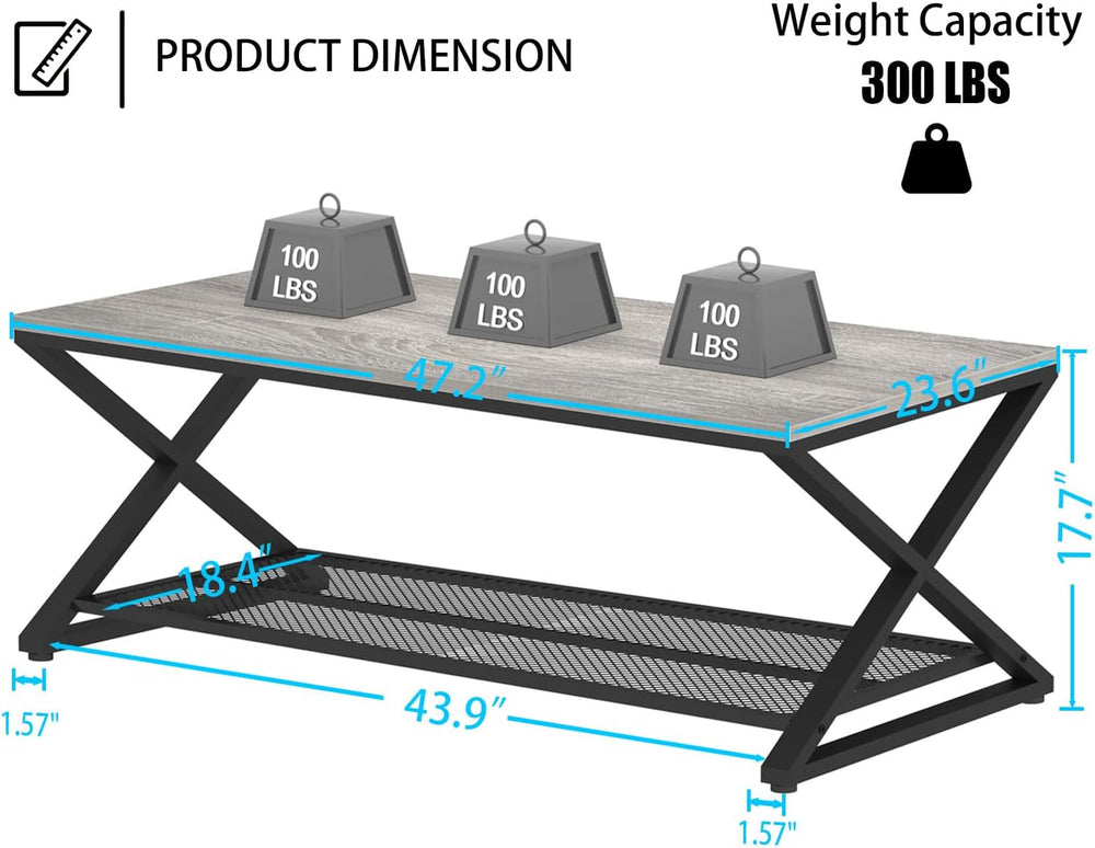 LVB Industrial Coffee Table, Metal Center Table, 47 inch, Light Grey Oak