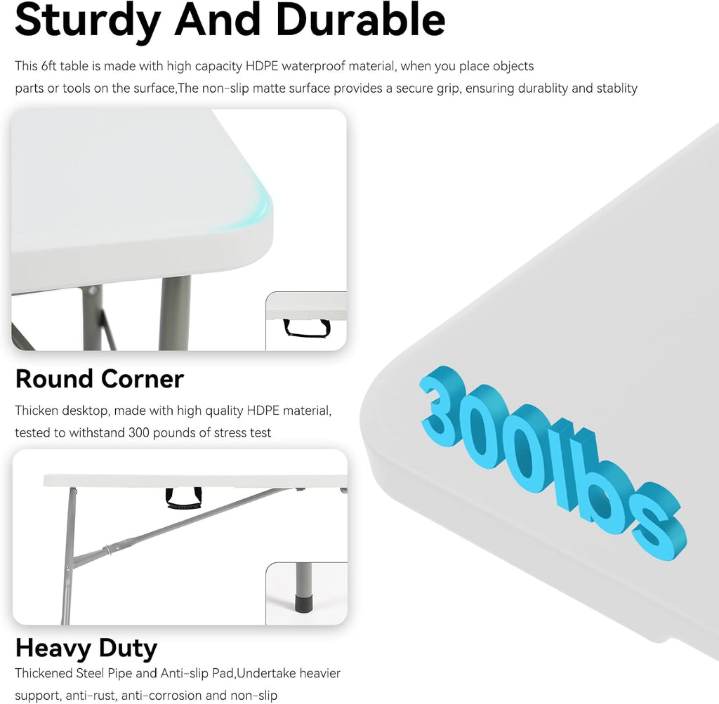 10 Pack 6FT Folding Tables, Heavy Duty, Carry Handle, White