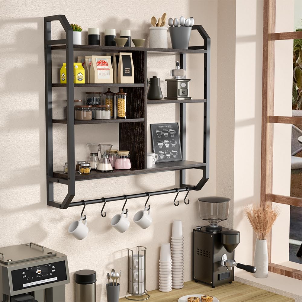 34 Inch Gaming Shelf, 6-Tier with LED Floating Shelf for Wall