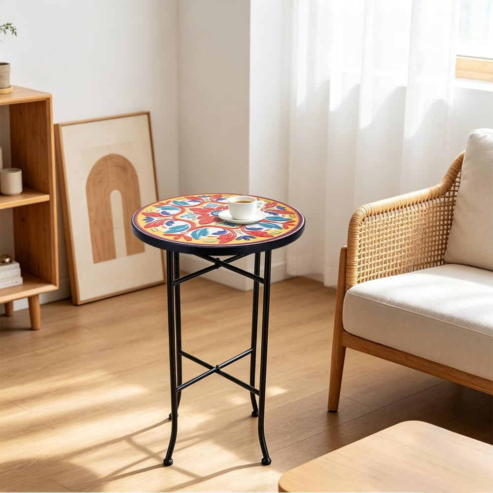 14 Inch Mosaic Patio Round Side Table with X-Straight Legs