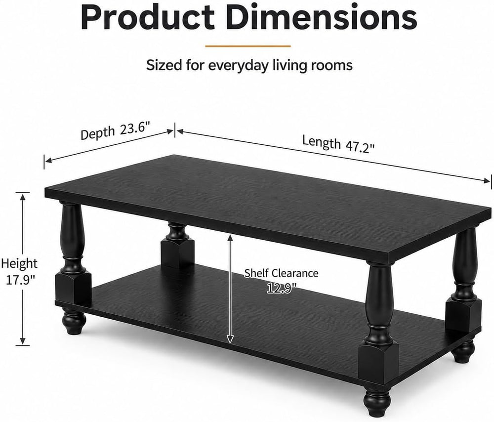 Homieasy 47" Farmhouse Coffee Table with Storage, Rectangular Wood, Black