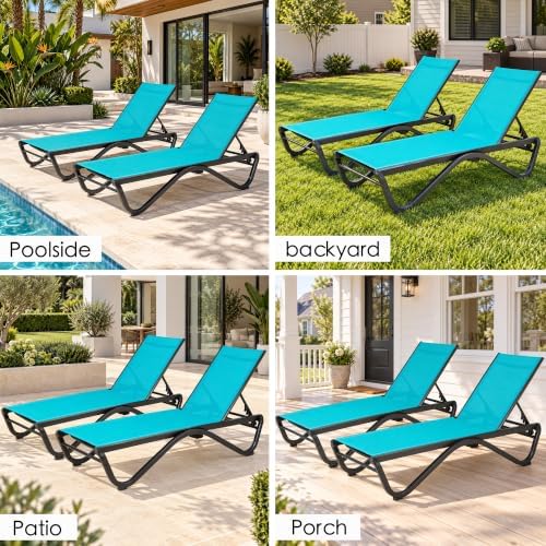 Kozyard Outdoor Chaise Lounge Chair, All Aluminum Frame, Fully Flat Adjustable Reclining Patio Lounger for Pool Sun Shelf, Tanning Ledge, Sunbathing & Backyard, Textilene (Aqua, 2Chairs)