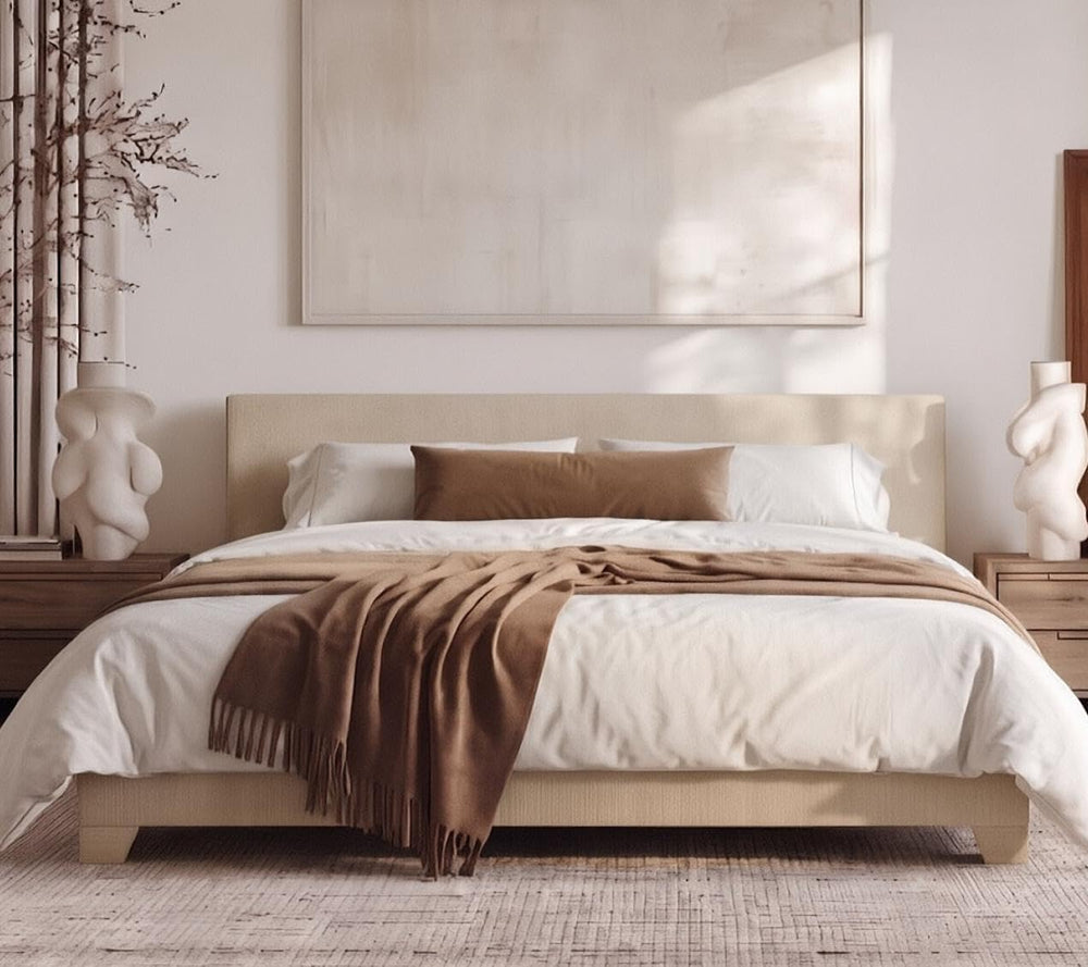Allewie King Size Upholstered Bed Frame Adjustable Headboard, Beige