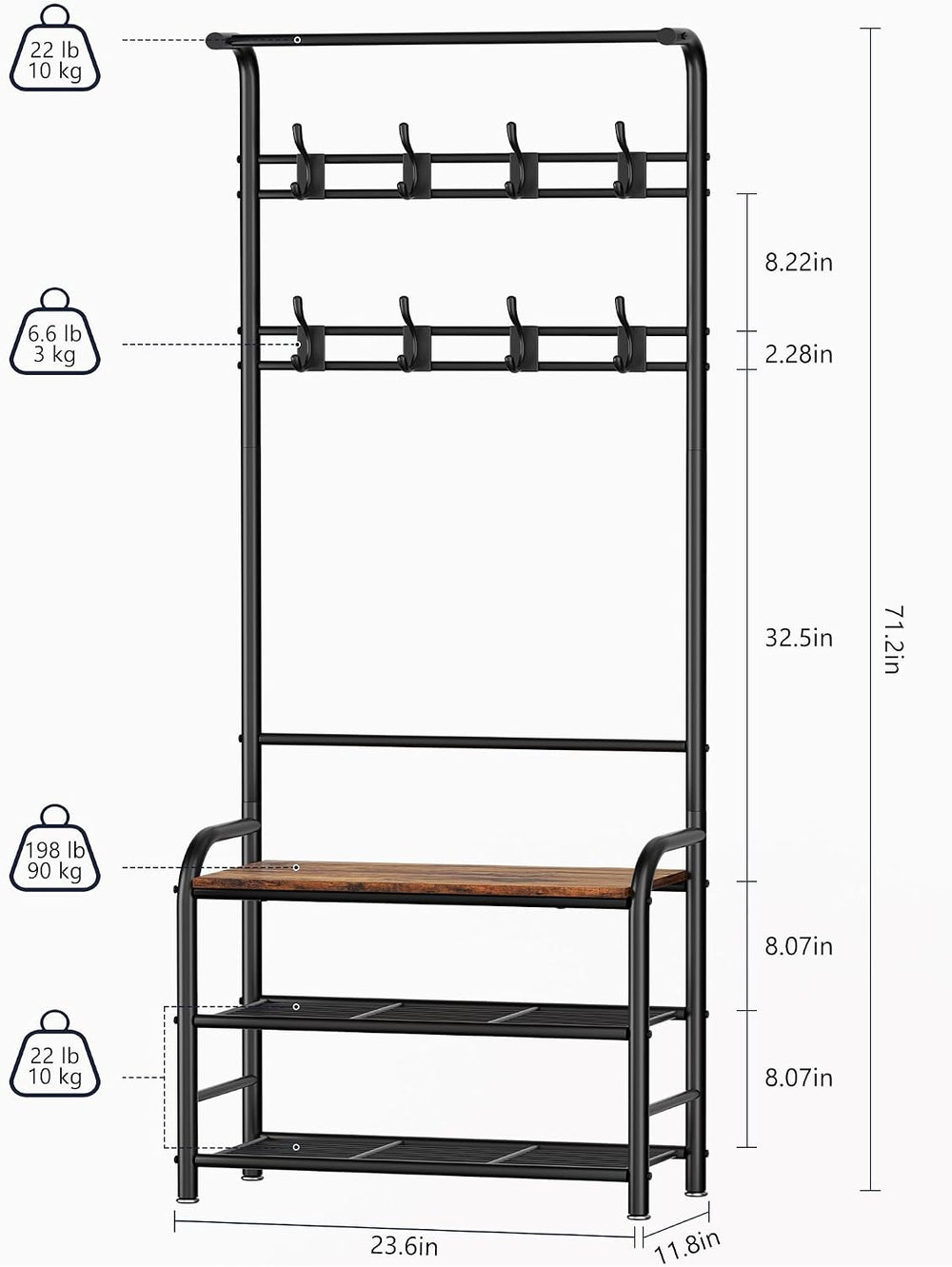 Hall Tree with Shoe Bench, 4-in-1 Entryway Coat Rack