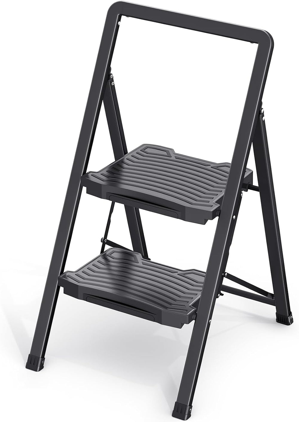 TOOLF 2 Step Ladder with Wide Pedals, Folding Steel Step Stool, Black