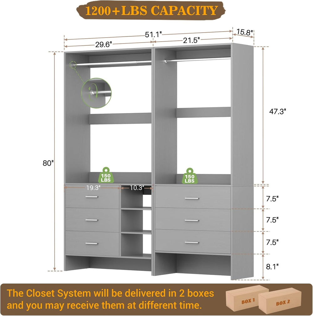 Aheaplus Closet System with 6 Drawers, 4.3ft, Set of 2, Set of 2 Grey
