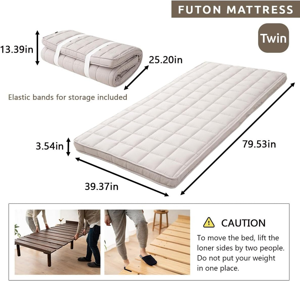 EMOOR Japanese Futon Mattress & Wood Slatted Bed Set Machi-OSMOS Twin (Coffee-Brown), Solid Pine 3-Heights Adjustable Easy-Assemble Japanese Sleeping Bed Tatami Mat