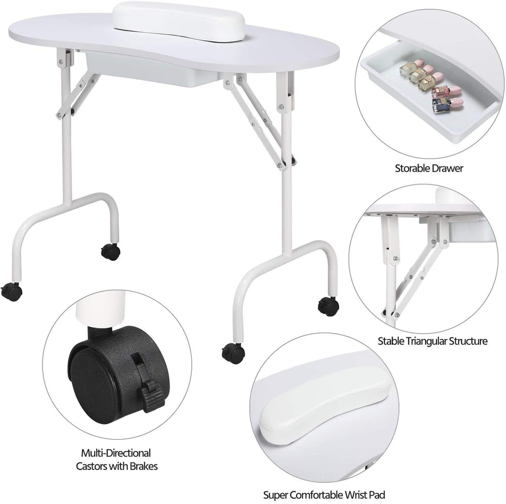 Yaheetech Portable Manicure Table Foldable Nail Desk with Drawer, White