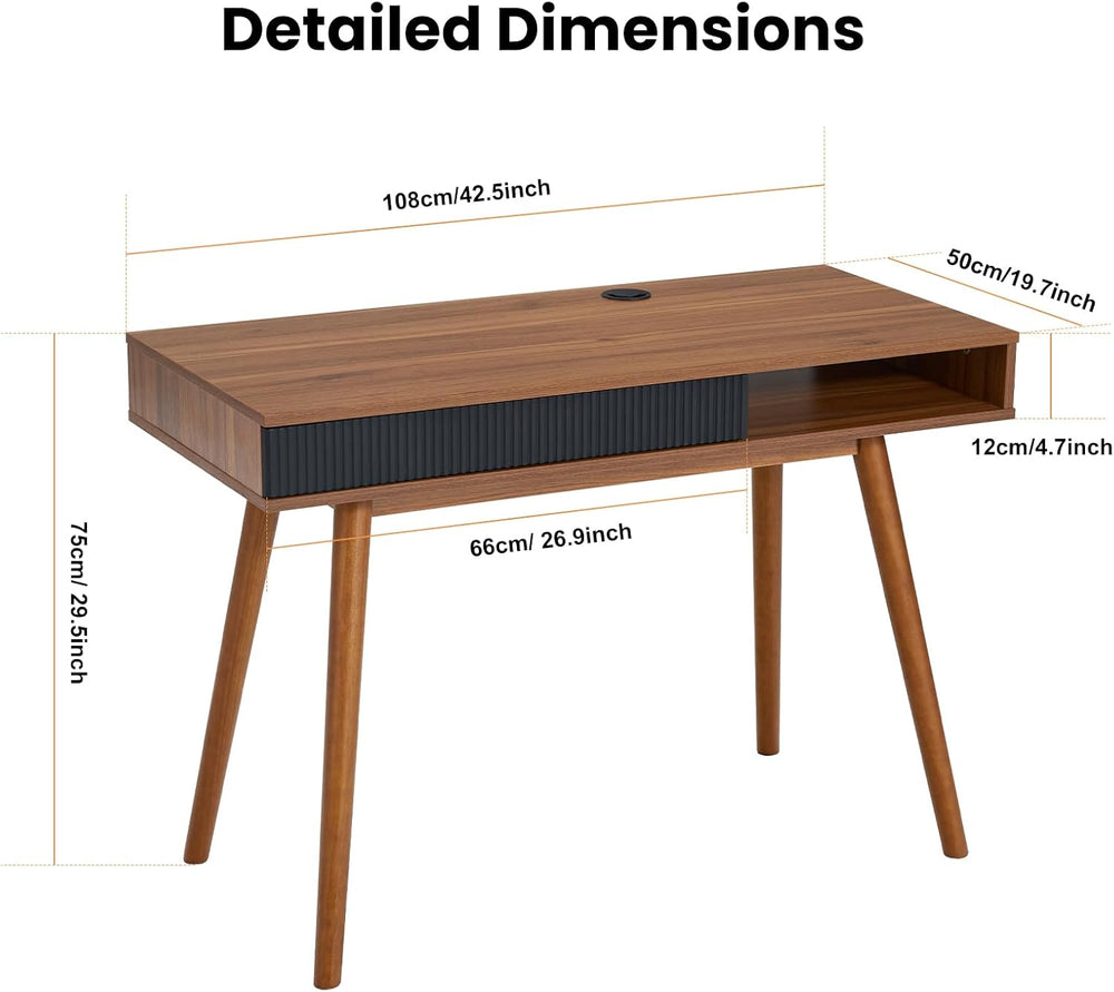 Walnut Wood Desk with Drawer, 42.5" Mid Century Modern Writing Desk