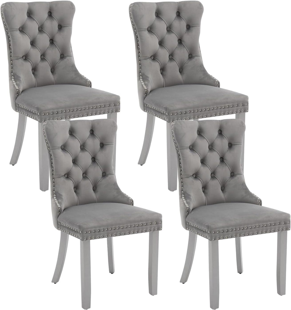 Grey Velvet Dining Chairs Set of 4, Ring Pull, Silver Solid Wood Legs