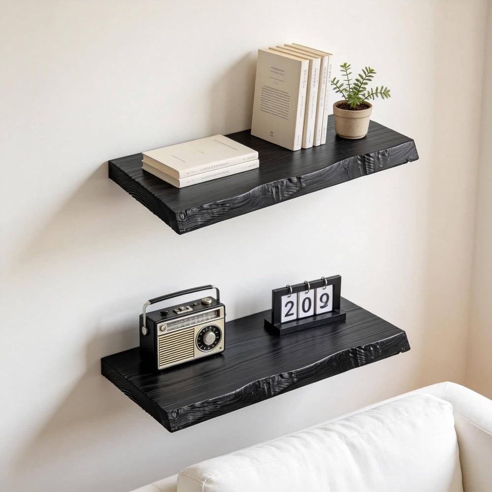 Black Live Edge Floating Shelves, 16 Inch Set of 2, Solid Elm Wood
