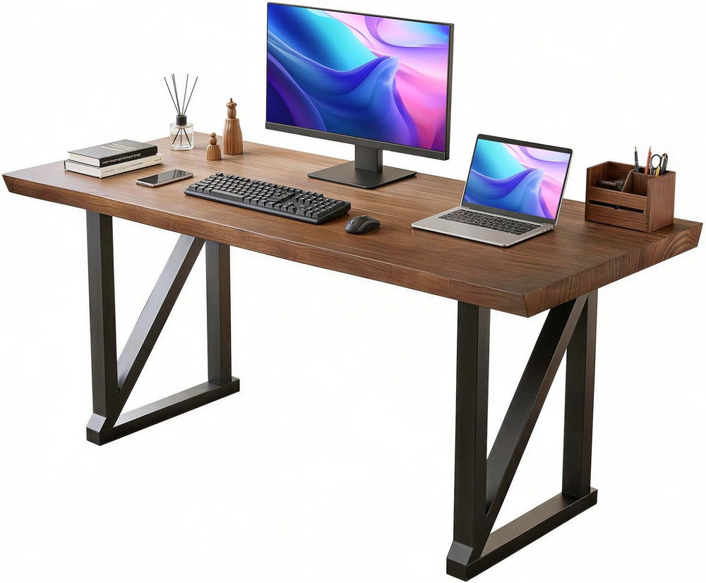 Solid Wood and Metal Modern Industrial 56 inch Wide Home Office Desk, Writing...