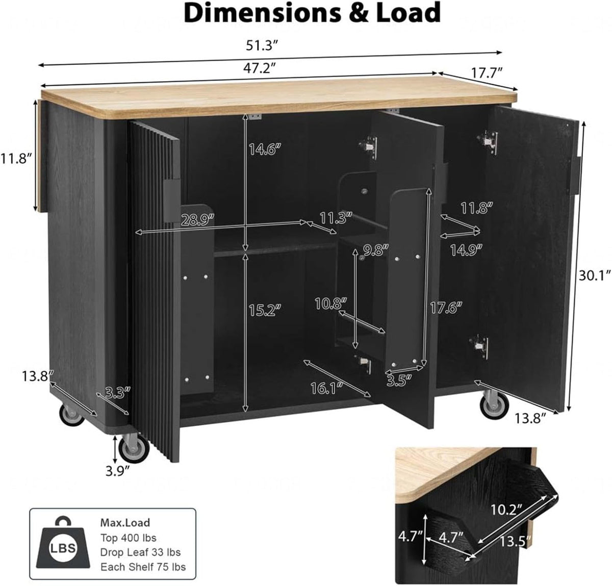 Kitchen Island with Drop Leaf with Drop Leaf Countertop with Storage and Dining Table, Kitchen Islands with Storage with Wheels Towel Rack， for Kitchen, Dining Room, Black