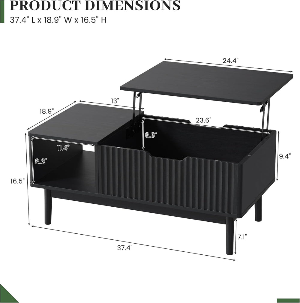 Fluted Lift Top Coffee Table with Storage, 37 Inch, Black
