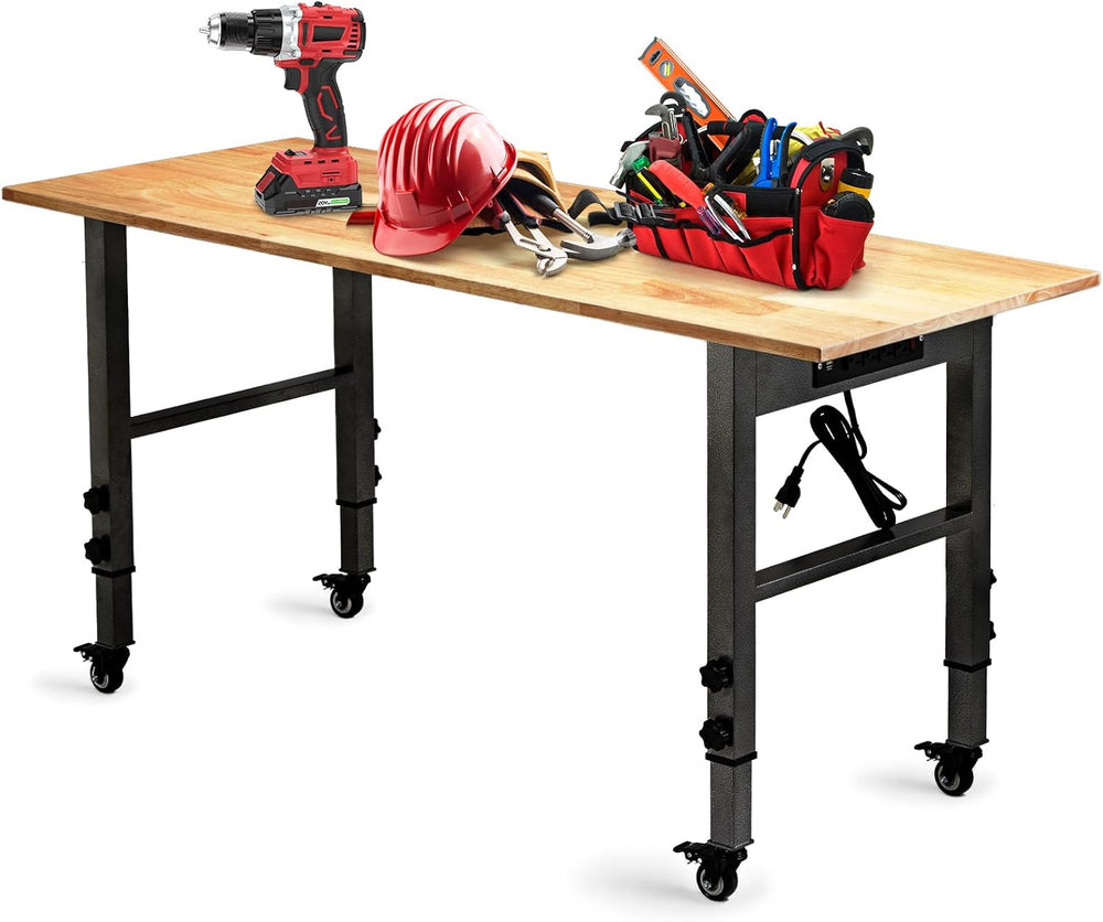 OLBRUS 54.3" Adjustable Workbench with Power Outlet and Metal Wheels