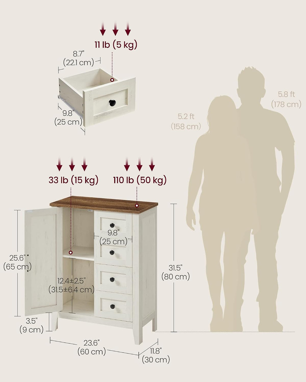 VASAGLE Farmhouse Storage Cabinet with Door, 4 Drawers, Adjustable Shelves