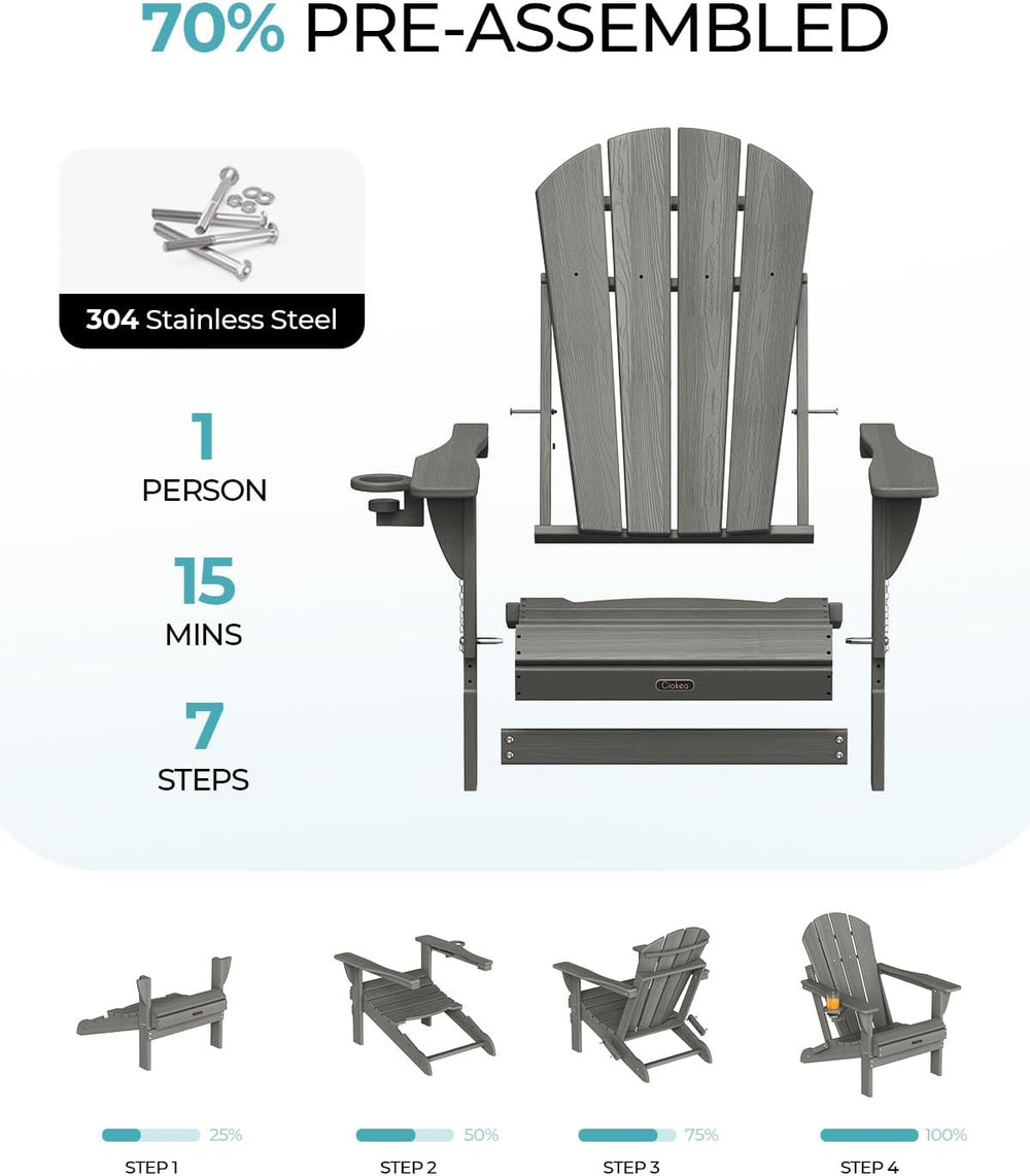 Ciokea Folding Adirondack Chairs Set of 2 with Cup Holder, HDPE, Grey