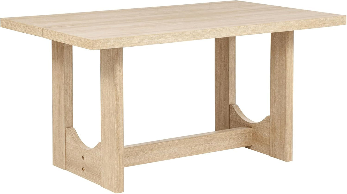 Merax Farmhouse Rectangular Dining Table with U-Shaped Base, 4 Upholstered Chairs and Bench for Kitchen Living Room, Light Oak+Beige (6 Piece)