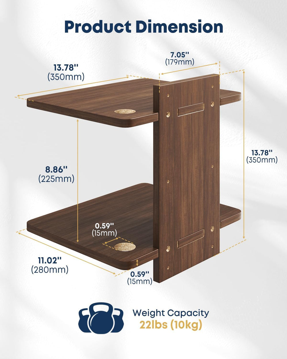 Floating TV Projector Shelf Wall Mount - 2 Tier Wooden Shelf, Walnut Brown