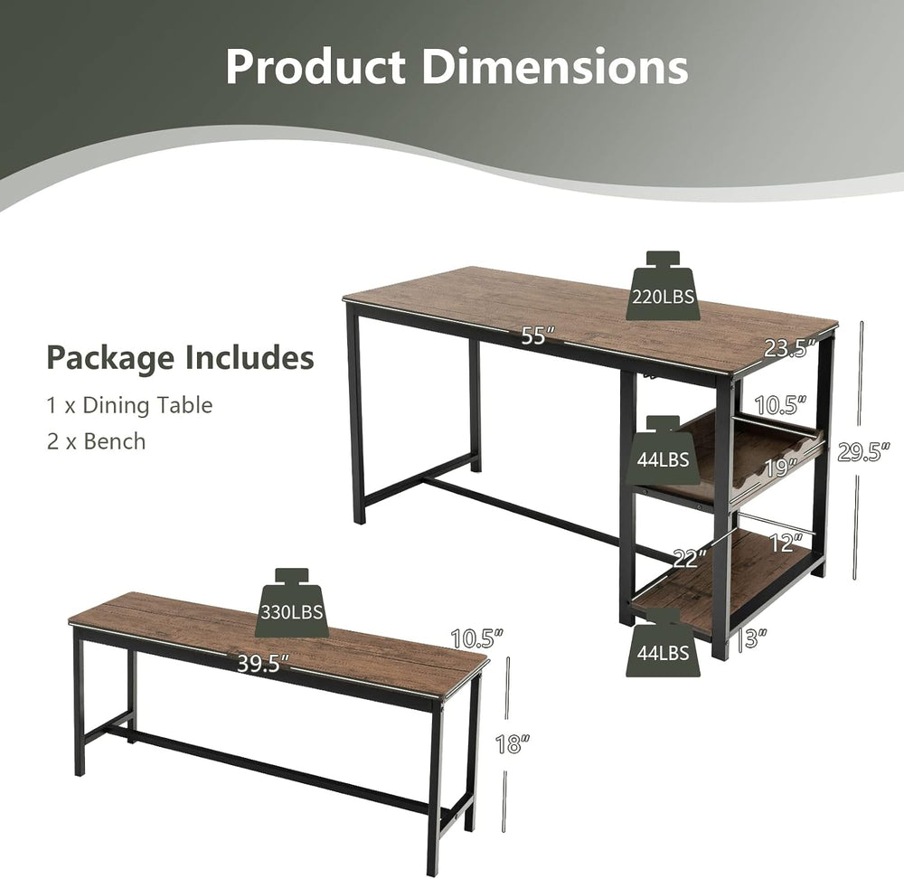 COSTWAY 3-Piece Dining Table Set for 4, Rustic Pub Table with 2 Benches