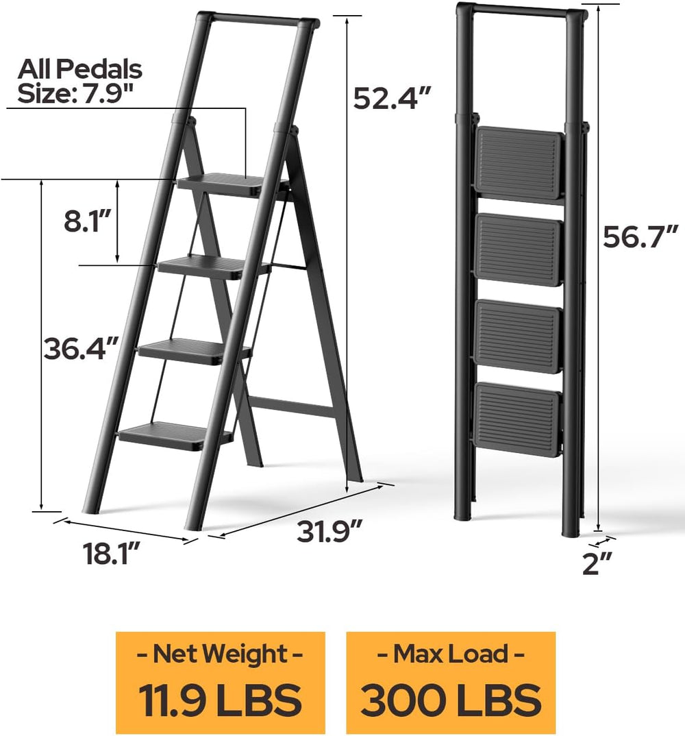 4 Step Ladder Folding Iron Step Stool Stepladders with Anti-Slip and Wide Ped...