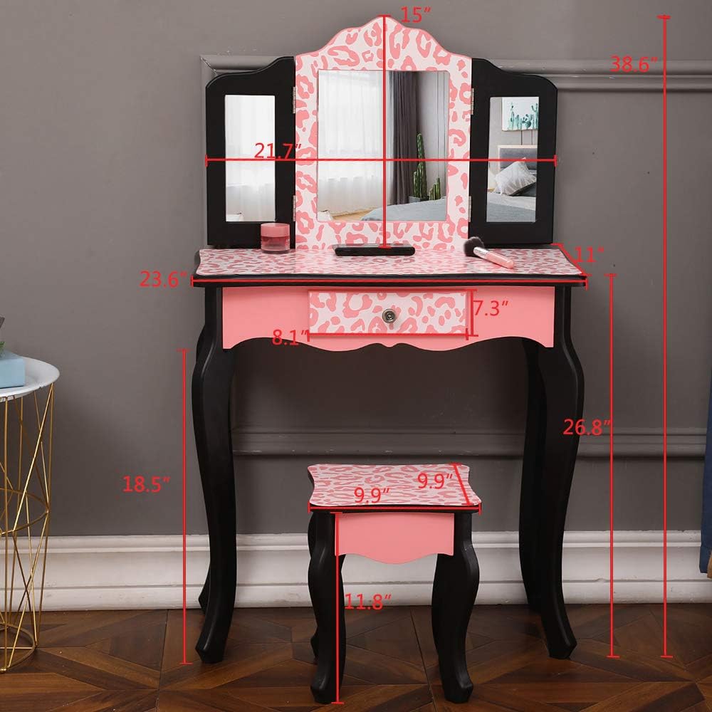 vasitelan vanity table and chair set, vanity set showing dimensions