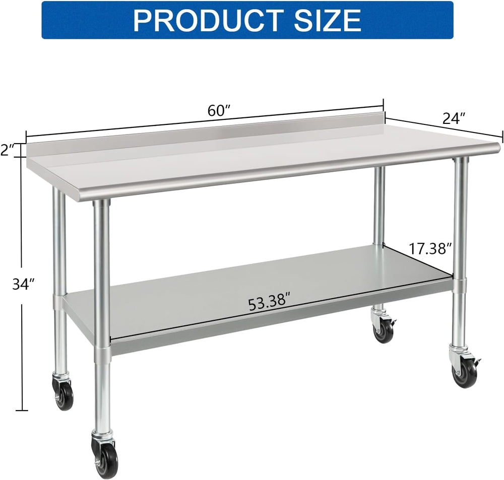 HARDURA Stainless Steel Table with Wheels 24X60 Inches, 2" Backsplash