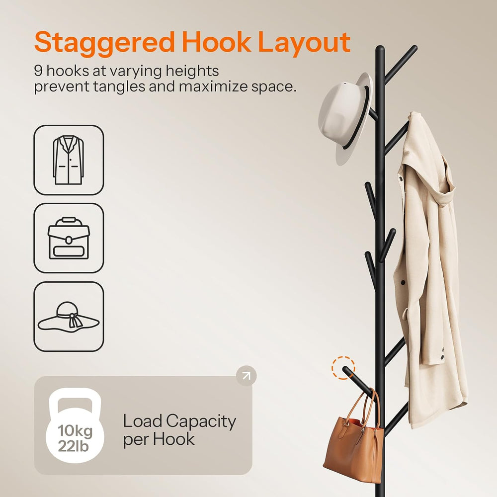 HOOBRO Coat Rack Stand with 9 Hooks, Metal Freestanding Coat Tree with Wooden...
