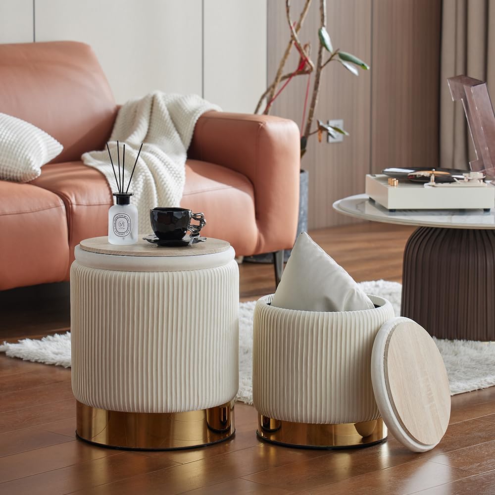 YYW HOME Round Ottoman with Storage Set of 2 White Vanity Stool Foot Rest