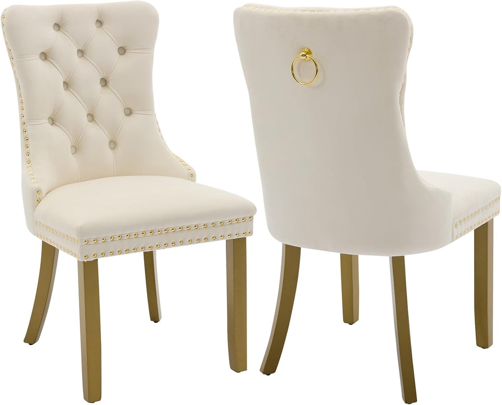 Cream Velvet Dining Chairs Set of 2, Ring Pull, Golden Solid Wood Legs